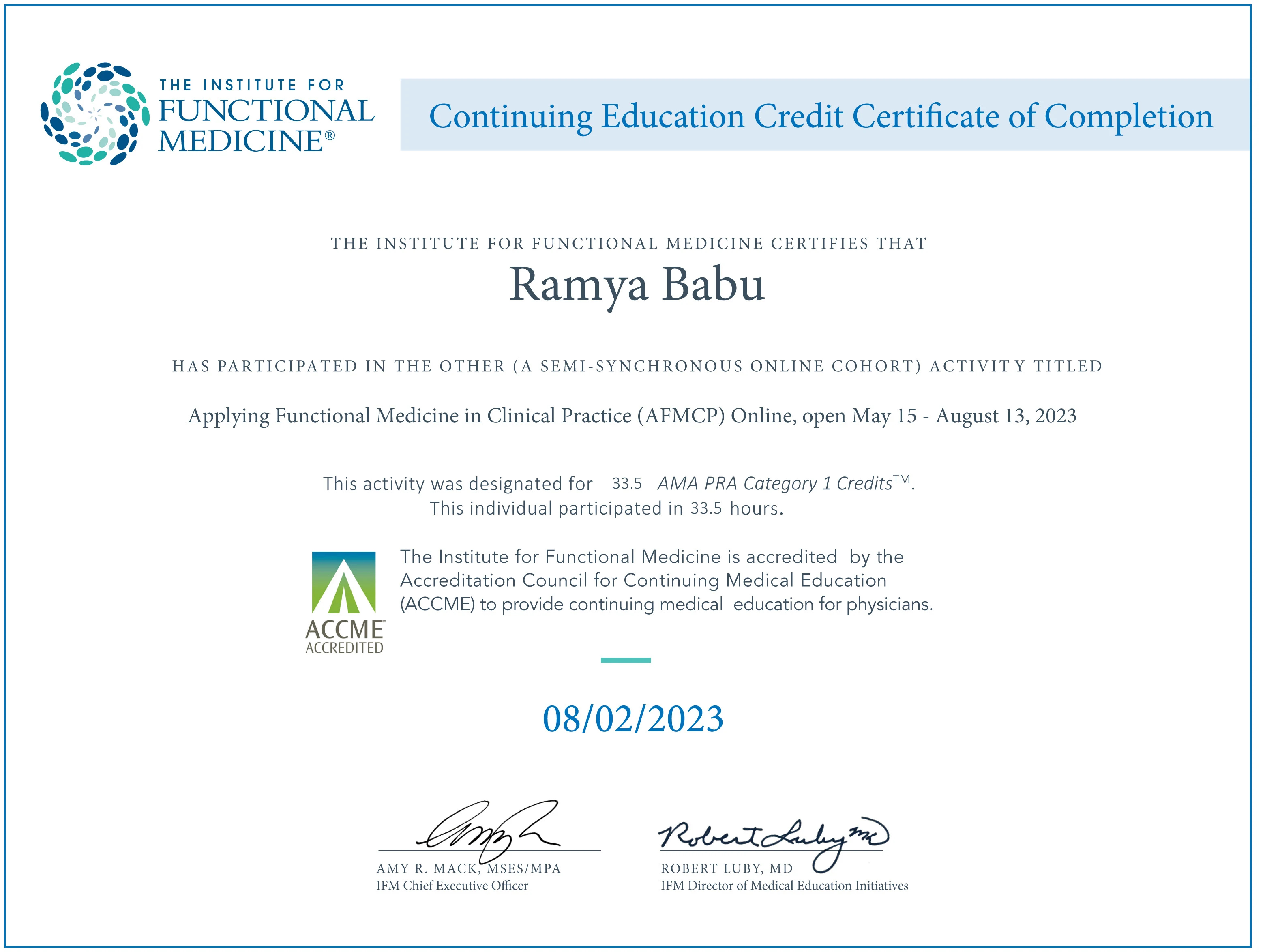 Institute of functional medicine Certificate
